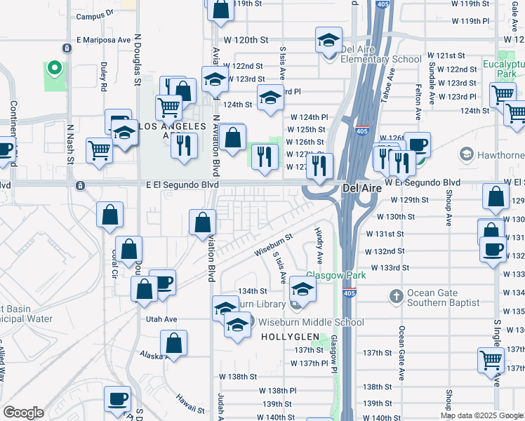 map of restaurants, bars, coffee shops, grocery stores, and more near 12915 Park Place in Hawthorne