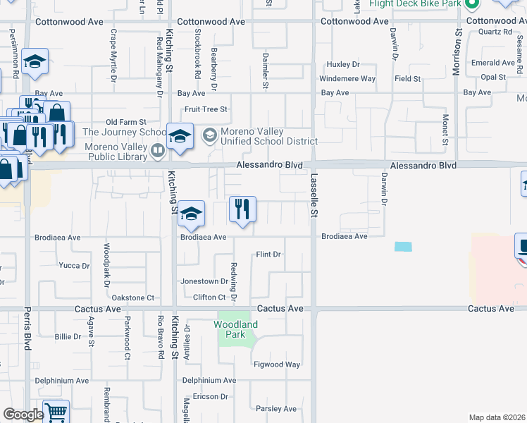 map of restaurants, bars, coffee shops, grocery stores, and more near 14155 San Cristobal Bay Drive in Moreno Valley