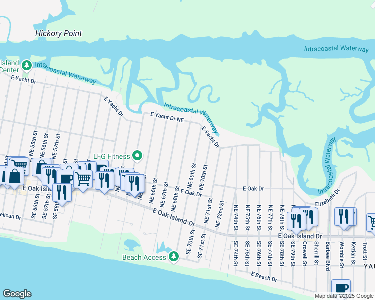 map of restaurants, bars, coffee shops, grocery stores, and more near 240 Northeast 68th Street in Oak Island