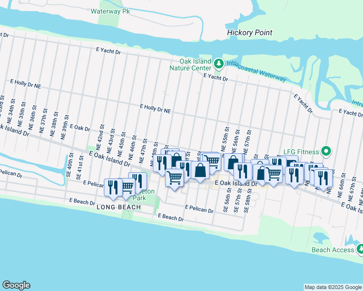 map of restaurants, bars, coffee shops, grocery stores, and more near 202 Northeast 50th Street in Oak Island