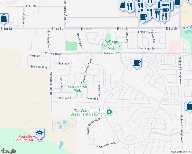 map of restaurants, bars, coffee shops, grocery stores, and more near 1453 Tahoe Street in Beaumont