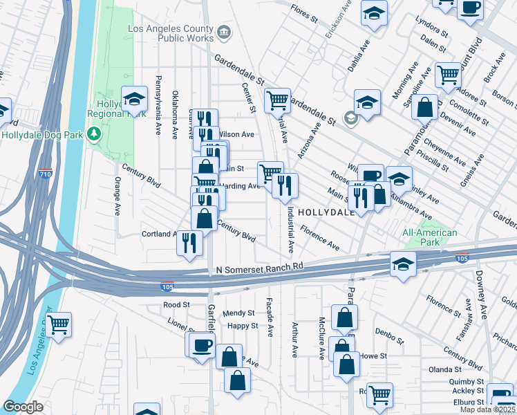 map of restaurants, bars, coffee shops, grocery stores, and more near 5786 Lincoln Avenue in South Gate