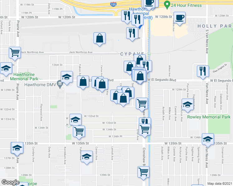 map of restaurants, bars, coffee shops, grocery stores, and more near 12833 Chadron Avenue in Hawthorne