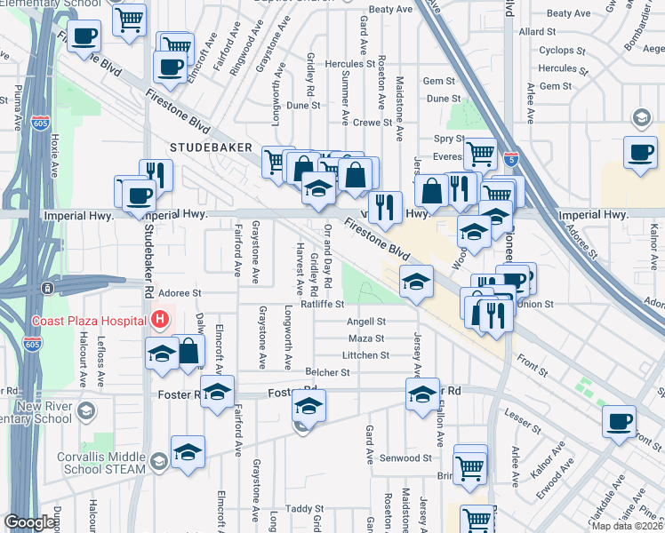 map of restaurants, bars, coffee shops, grocery stores, and more near 12720 Orr and Day Road in Norwalk