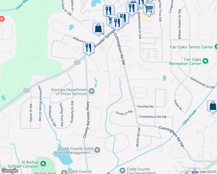 map of restaurants, bars, coffee shops, grocery stores, and more near 1414 Westward Drive Southwest in Marietta