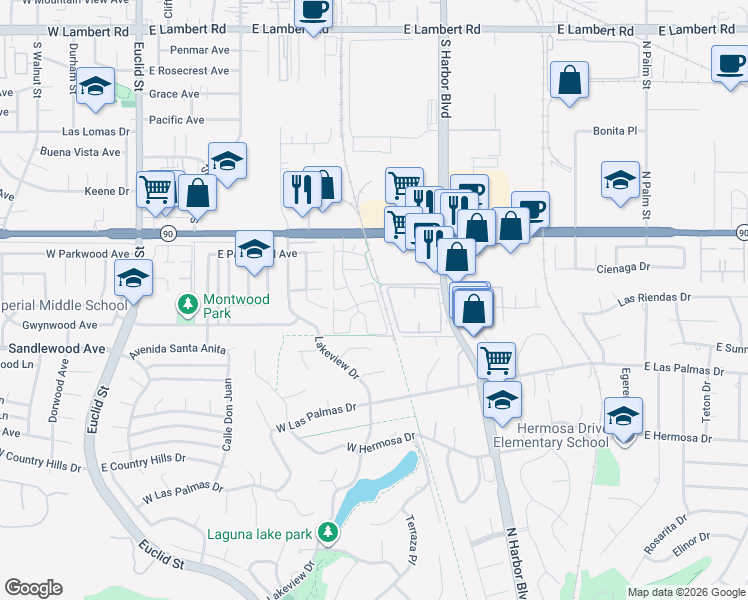 map of restaurants, bars, coffee shops, grocery stores, and more near 1327 Cheltenham Lane in La Habra