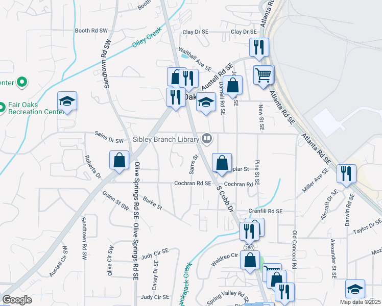 map of restaurants, bars, coffee shops, grocery stores, and more near 1570 Sams Street in Marietta