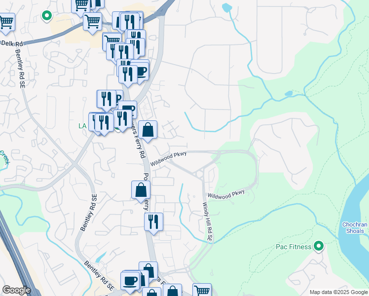 map of restaurants, bars, coffee shops, grocery stores, and more near 3114 Riverbrooke Trail in Atlanta