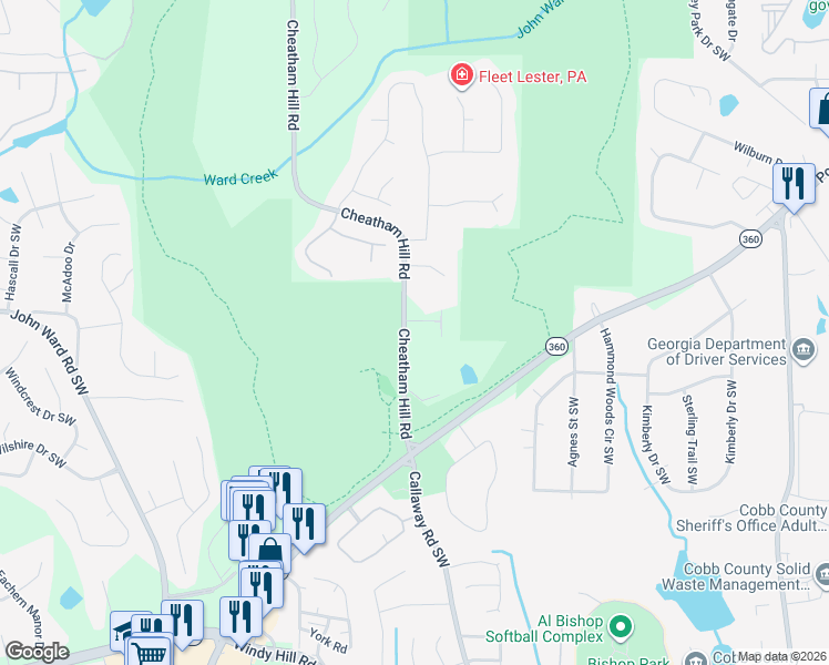 map of restaurants, bars, coffee shops, grocery stores, and more near 1495 Kolb Lane in Marietta