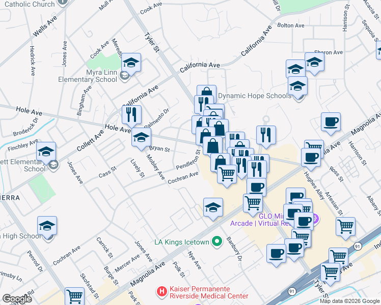 map of restaurants, bars, coffee shops, grocery stores, and more near 10321 Pendleton Street in Riverside