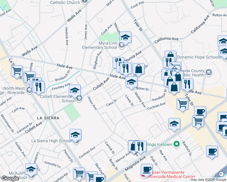 map of restaurants, bars, coffee shops, grocery stores, and more near 10661 Burton Street in Riverside