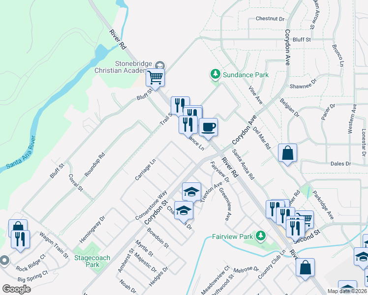 map of restaurants, bars, coffee shops, grocery stores, and more near 2171 Ellington Drive in Corona