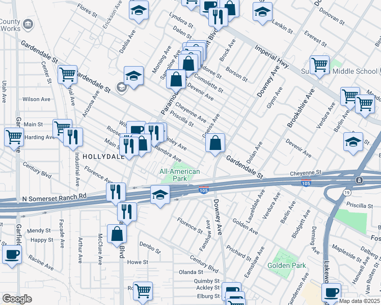 map of restaurants, bars, coffee shops, grocery stores, and more near 8132 McKinley Avenue in Paramount