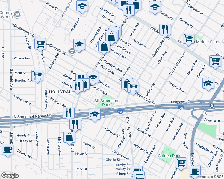 map of restaurants, bars, coffee shops, grocery stores, and more near 8132 McKinley Avenue in Paramount