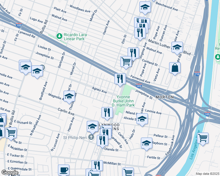map of restaurants, bars, coffee shops, grocery stores, and more near 4283 Agnes Avenue in Lynwood