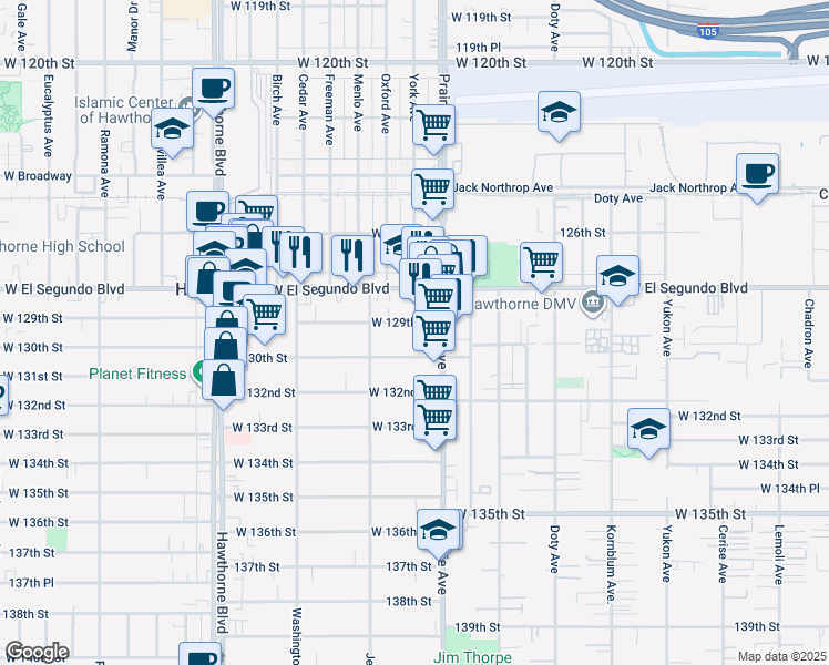 map of restaurants, bars, coffee shops, grocery stores, and more near 4055 West 129th Street in Hawthorne