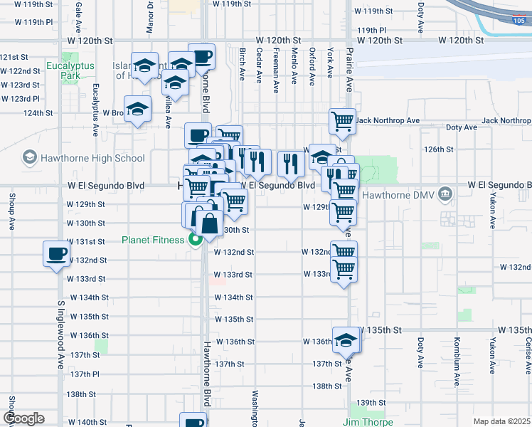 map of restaurants, bars, coffee shops, grocery stores, and more near 4218 West 129th Street in Hawthorne