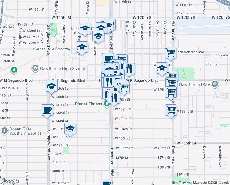 map of restaurants, bars, coffee shops, grocery stores, and more near 12920 Hawthorne Boulevard in Hawthorne