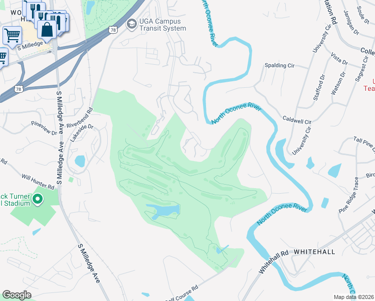 map of restaurants, bars, coffee shops, grocery stores, and more near 158 Fernbanks Court in Athens