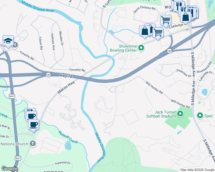 map of restaurants, bars, coffee shops, grocery stores, and more near 166 Dan's Way in Athens