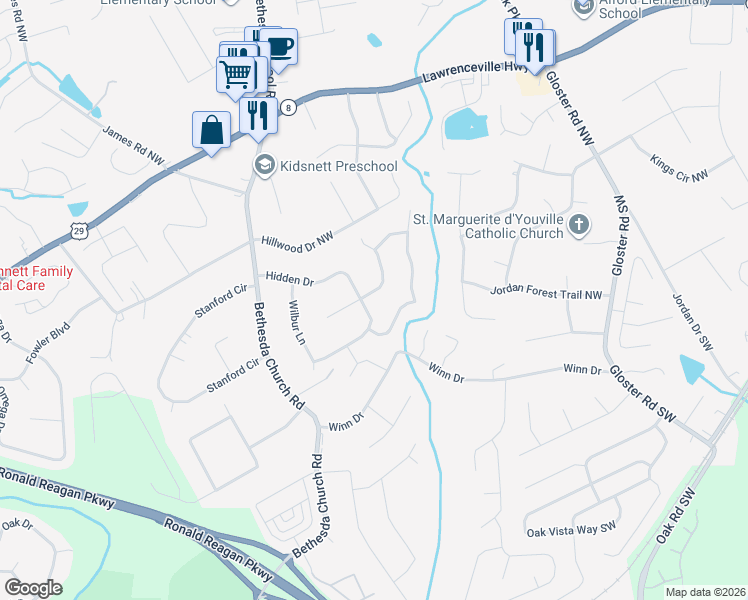 map of restaurants, bars, coffee shops, grocery stores, and more near 2995 Hidden Drive in Lawrenceville