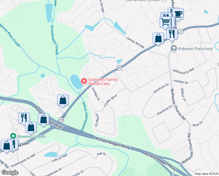 map of restaurants, bars, coffee shops, grocery stores, and more near 3457 Dianthus Lane Northwest in Lawrenceville