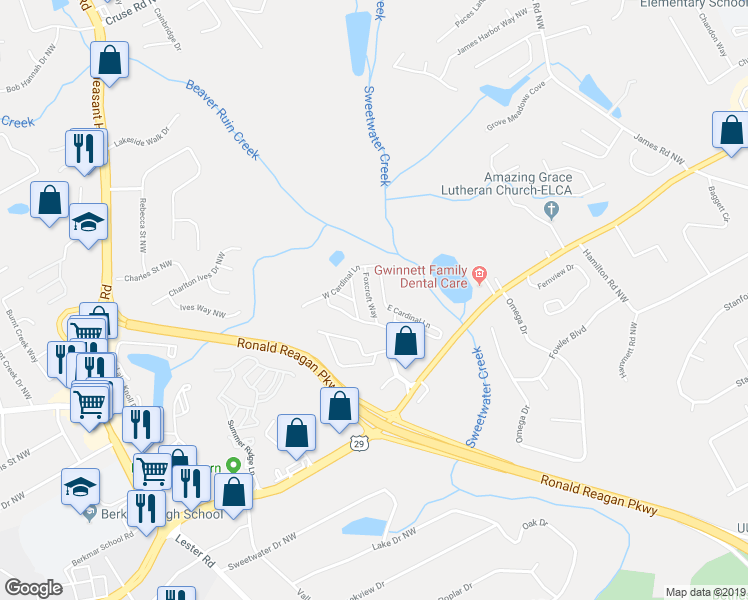 map of restaurants, bars, coffee shops, grocery stores, and more near 37 Foxcroft Way in Lawrenceville