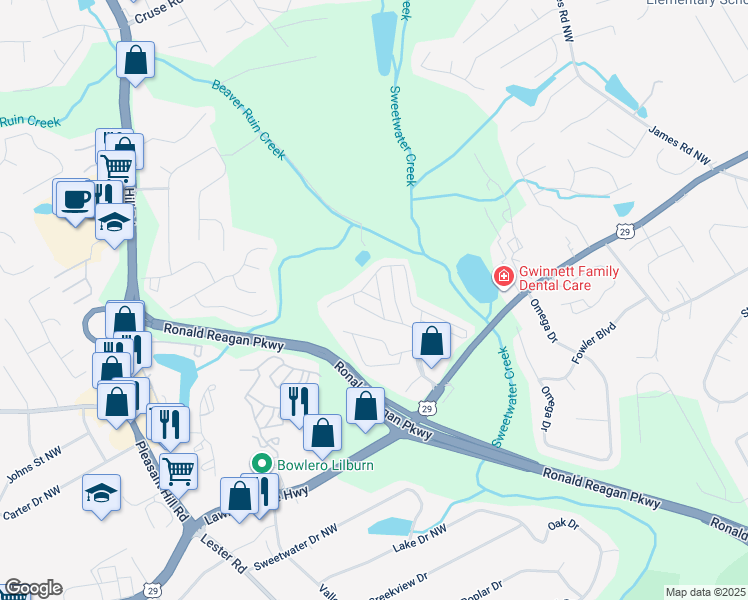 map of restaurants, bars, coffee shops, grocery stores, and more near 67 West Mockingbird Lane in Lawrenceville