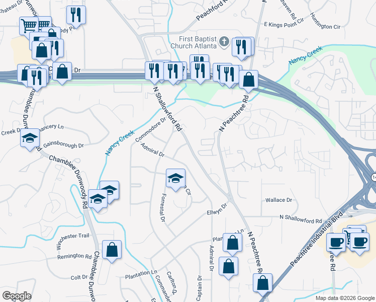 map of restaurants, bars, coffee shops, grocery stores, and more near 4198 North Shallowford Road in Chamblee