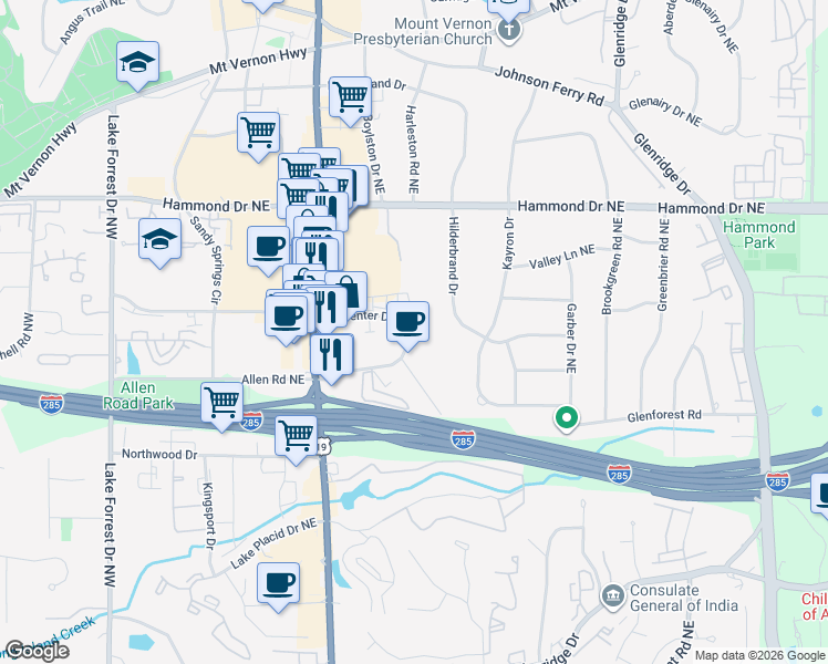 map of restaurants, bars, coffee shops, grocery stores, and more near 331 Carpenter Drive Northeast in Atlanta