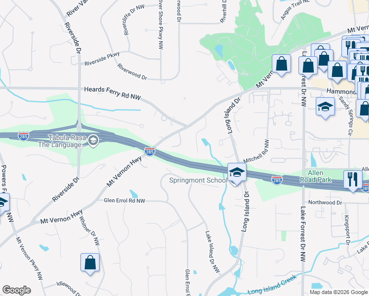 map of restaurants, bars, coffee shops, grocery stores, and more near 320 Mount Vernon Highway in Atlanta
