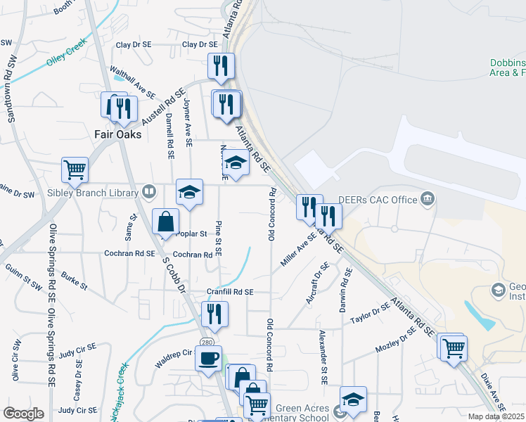 map of restaurants, bars, coffee shops, grocery stores, and more near 419 McInnes Circle in Marietta