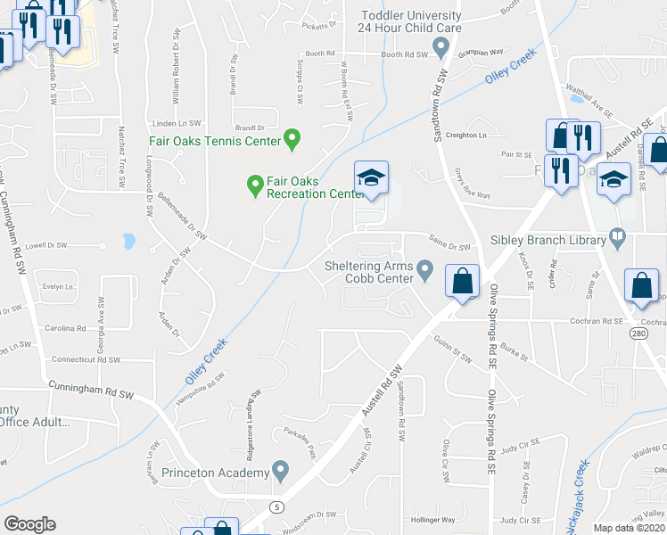 map of restaurants, bars, coffee shops, grocery stores, and more near 1225 Oakplace Drive Southwest in Marietta