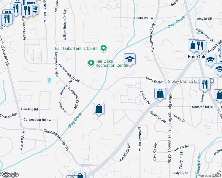 map of restaurants, bars, coffee shops, grocery stores, and more near 1558 Oakpoint Drive Southwest in Marietta