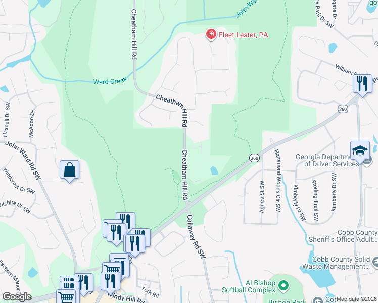 map of restaurants, bars, coffee shops, grocery stores, and more near 1495 Kolb Lane in Marietta