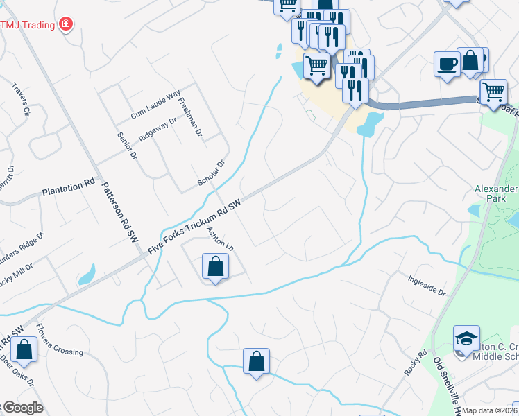 map of restaurants, bars, coffee shops, grocery stores, and more near 624 Oxford Hall Drive Southwest in Lawrenceville