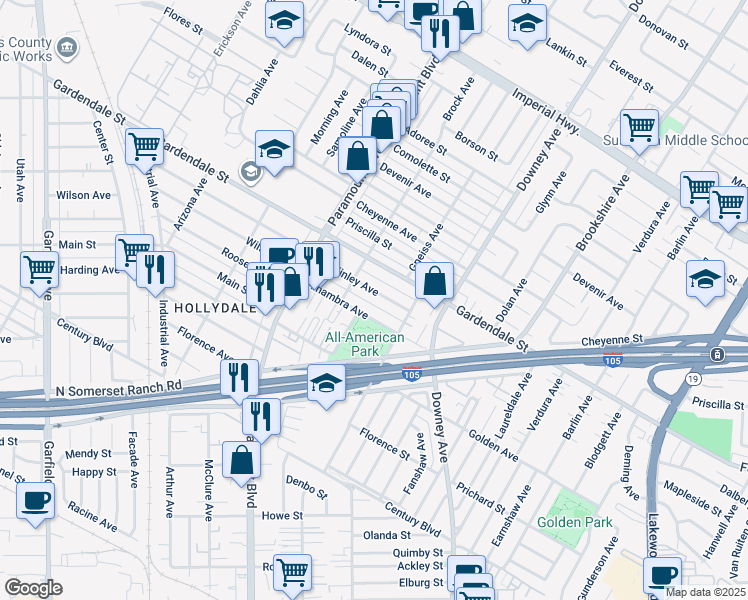 map of restaurants, bars, coffee shops, grocery stores, and more near 8132 McKinley Avenue in Paramount