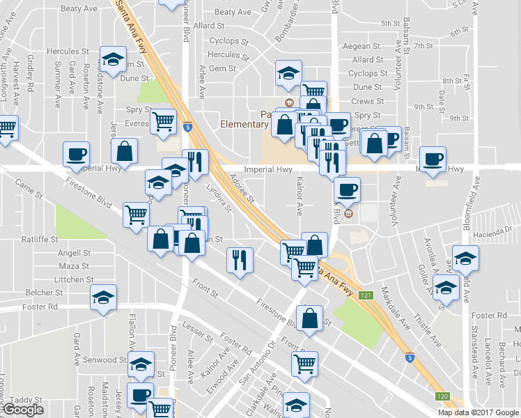map of restaurants, bars, coffee shops, grocery stores, and more near 12721 Paddison Avenue in Norwalk