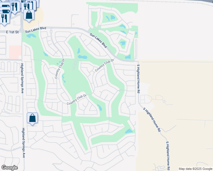 map of restaurants, bars, coffee shops, grocery stores, and more near 5092 Long Cove Road in Banning