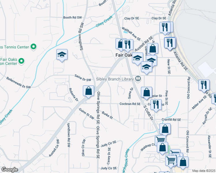map of restaurants, bars, coffee shops, grocery stores, and more near 1550 Knox Drive Southeast in Marietta