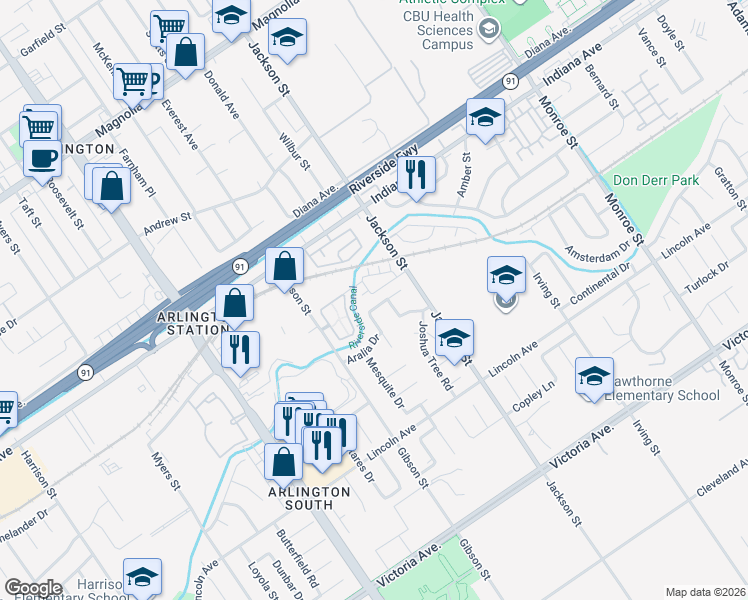 map of restaurants, bars, coffee shops, grocery stores, and more near 9179 Nopal Place in Riverside
