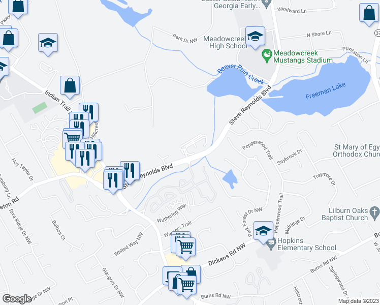 map of restaurants, bars, coffee shops, grocery stores, and more near 1205 Oak Loch Trace in Norcross