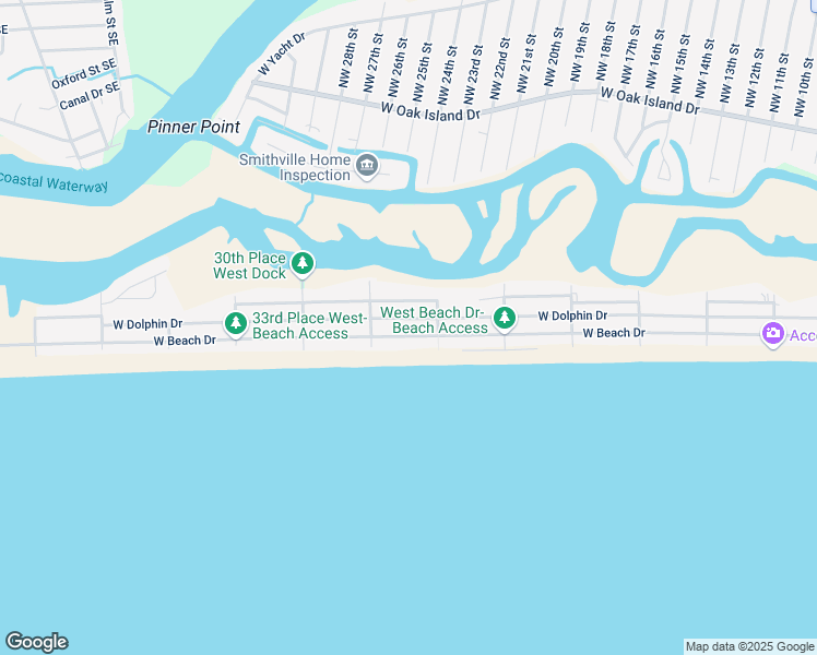 map of restaurants, bars, coffee shops, grocery stores, and more near 2514 West Beach Drive in Oak Island