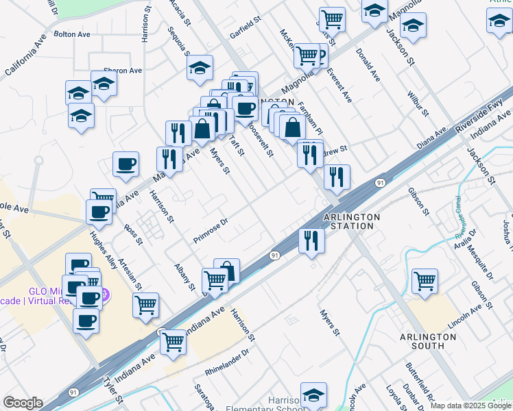 map of restaurants, bars, coffee shops, grocery stores, and more near 3591 Myers Street in Riverside
