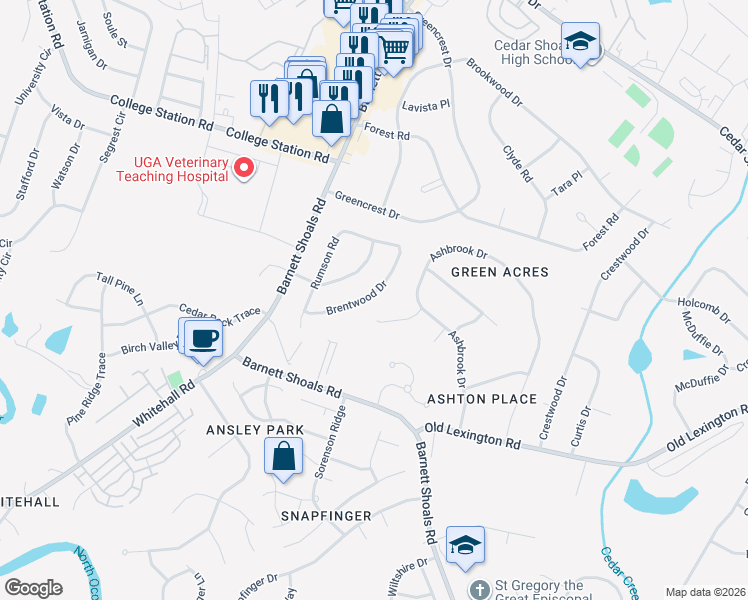 map of restaurants, bars, coffee shops, grocery stores, and more near 175 Brentwood Drive in Athens