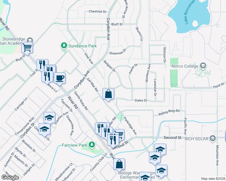 map of restaurants, bars, coffee shops, grocery stores, and more near 3460 Welsh Drive in Norco