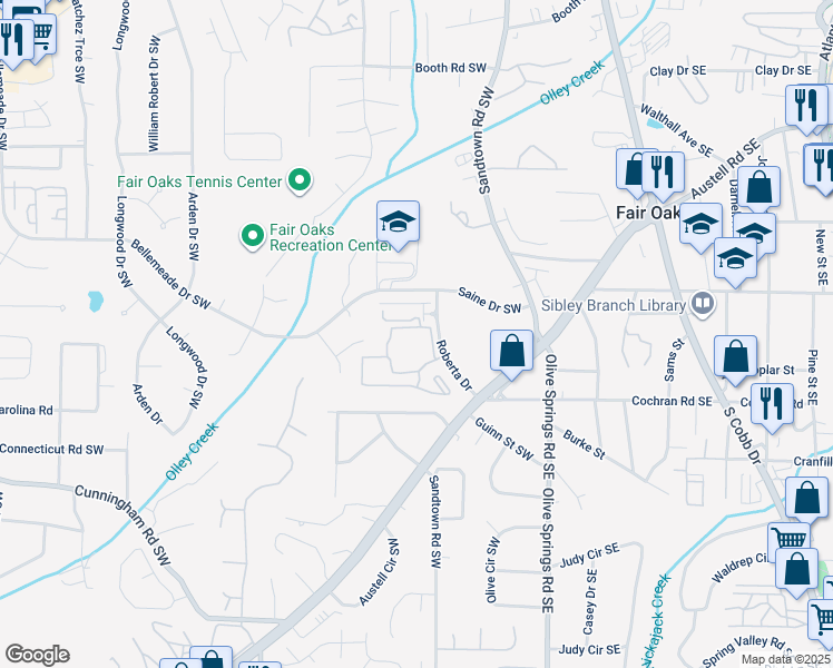 map of restaurants, bars, coffee shops, grocery stores, and more near 1400 Roberta Drive in Marietta