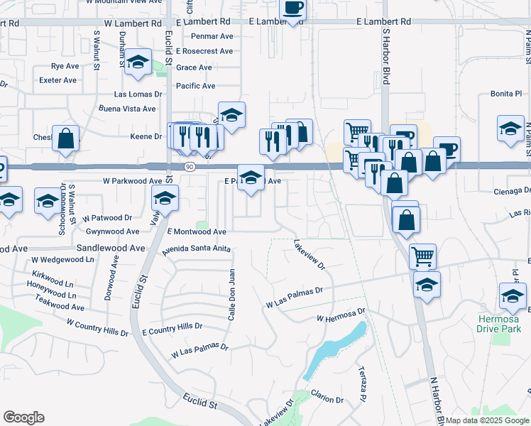 map of restaurants, bars, coffee shops, grocery stores, and more near 1330 Lorawood St in La Habra