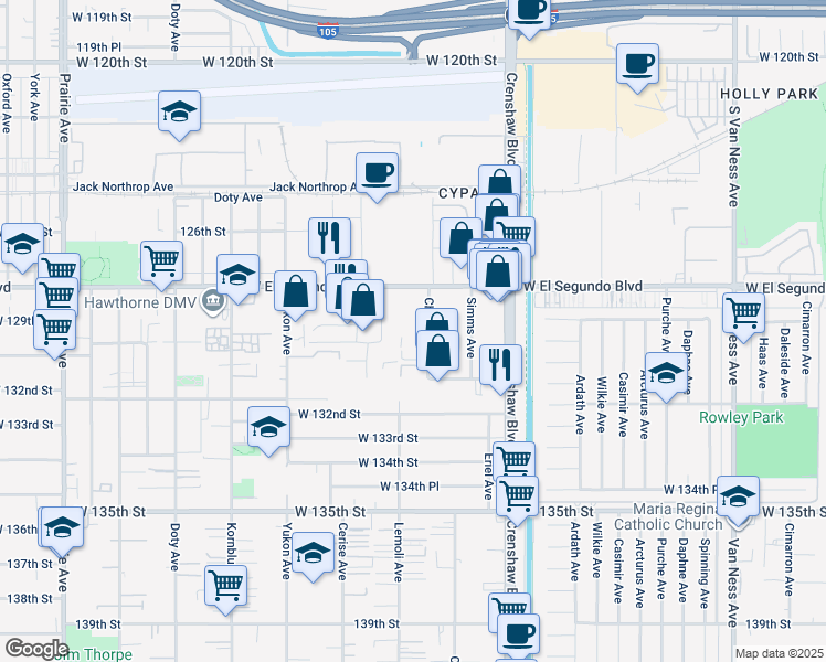 map of restaurants, bars, coffee shops, grocery stores, and more near 12833 Chadron Avenue in Hawthorne