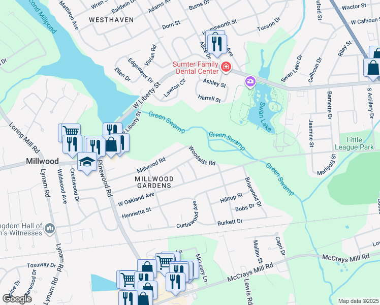 map of restaurants, bars, coffee shops, grocery stores, and more near 6 Woodside Road in Sumter